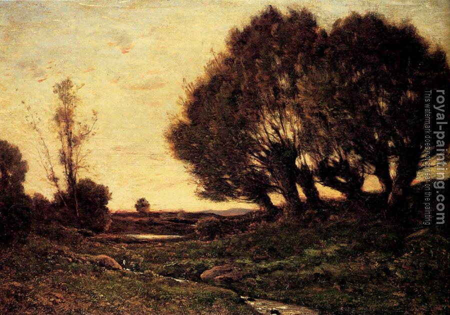 Henri-Joseph Harpignies : A Wooded Landscape With A Stream